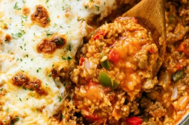 Delicious stuffed pepper casserole made with colorful bell peppers and savory filling.