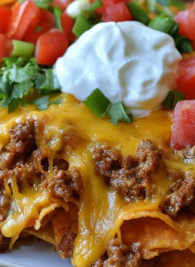 Delicious walking taco casserole served in a bowl with toppings