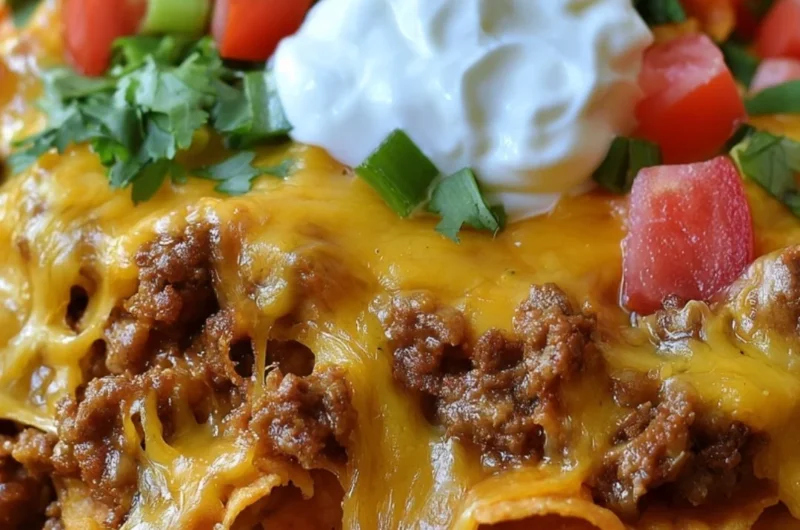 Delicious walking taco casserole served in a bowl with toppings