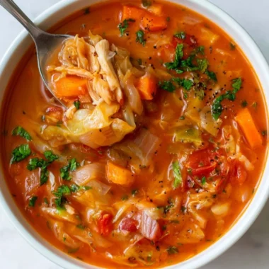 Delicious bowl of best cabbage soup served hot with fresh herbs