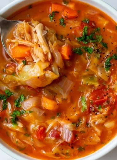 Delicious bowl of best cabbage soup served hot with fresh herbs