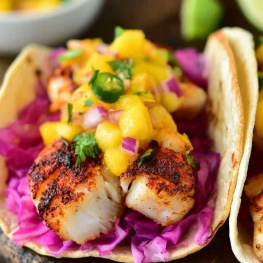 Cozy blackened fish tacos topped with fresh ingredients and served on a plate.