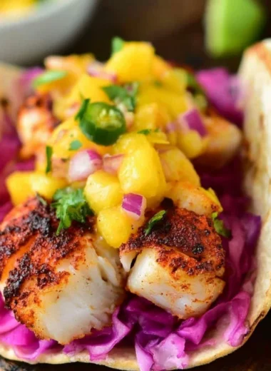 Cozy blackened fish tacos topped with fresh ingredients and served on a plate.