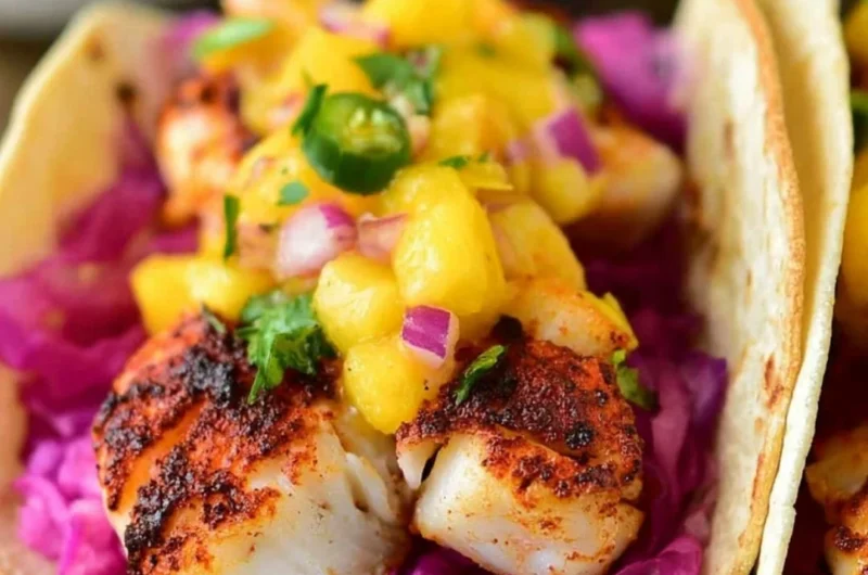 Cozy blackened fish tacos topped with fresh ingredients and served on a plate.