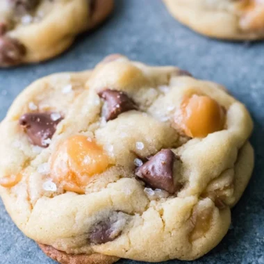 Cozy chocolate chip salted caramel cookies fresh out of the oven