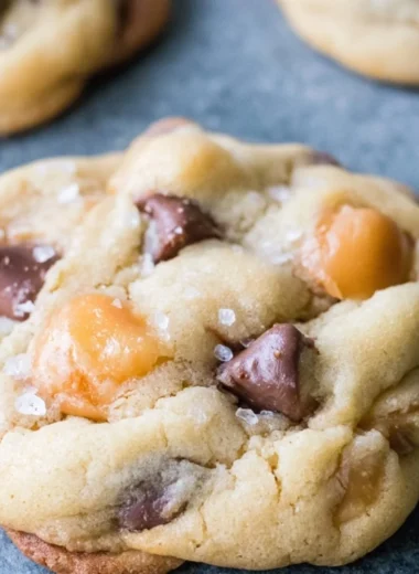 Cozy chocolate chip salted caramel cookies fresh out of the oven