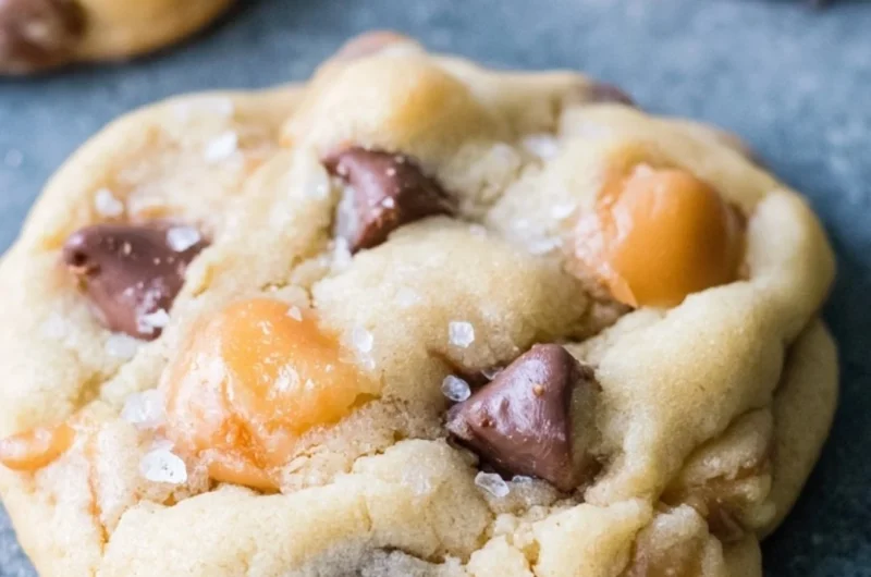 Cozy chocolate chip salted caramel cookies fresh out of the oven