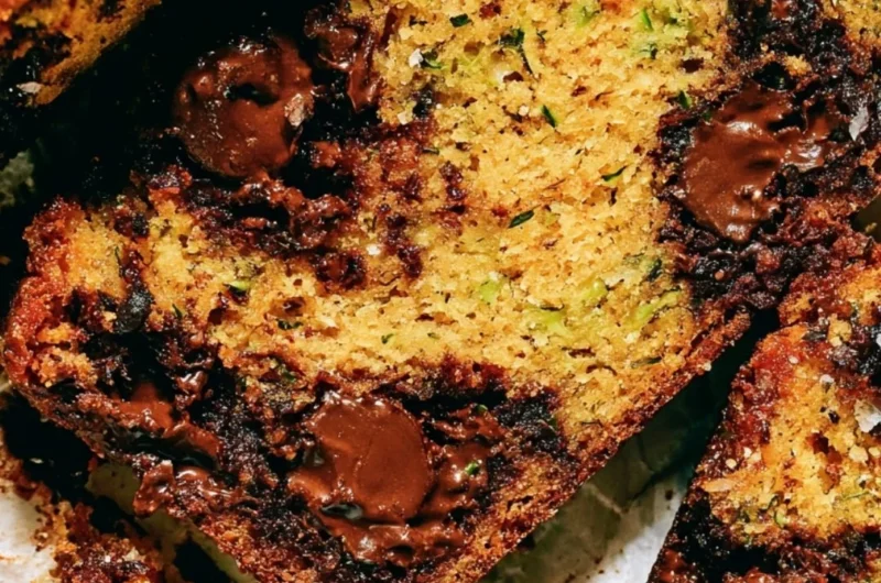 Loaf of cozy chocolate chip zucchini bread with chocolate chips on top