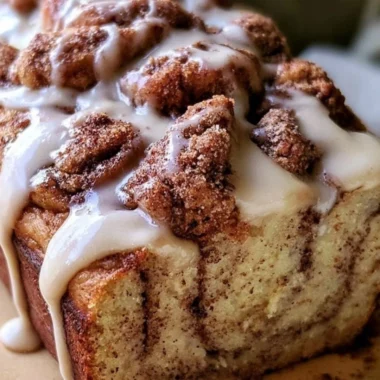 Cozy Cinnamon Roll Banana Bread topped with cinnamon glaze on a rustic wooden table