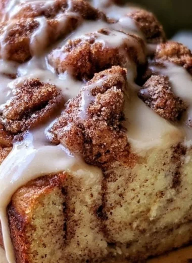 Cozy Cinnamon Roll Banana Bread topped with cinnamon glaze on a rustic wooden table