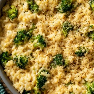 Creamy broccoli cheese rice served in a cozy dish, rich in flavor and nutrients.