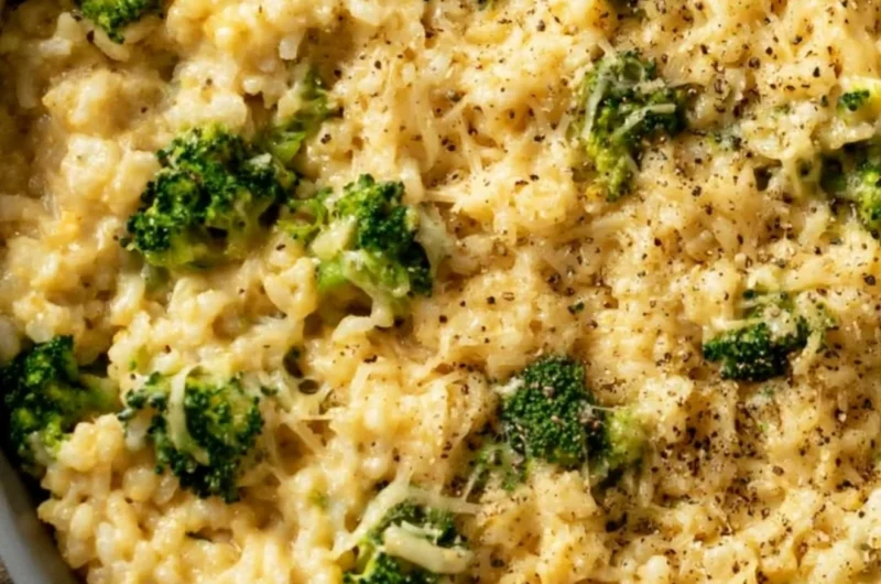 Creamy broccoli cheese rice served in a cozy dish, rich in flavor and nutrients.