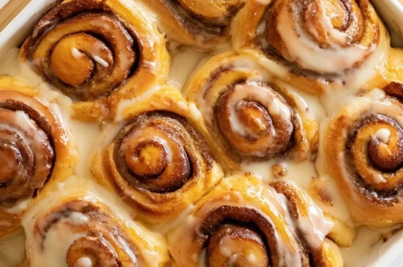 Freshly baked heavy whipping cream cinnamon rolls with icing.