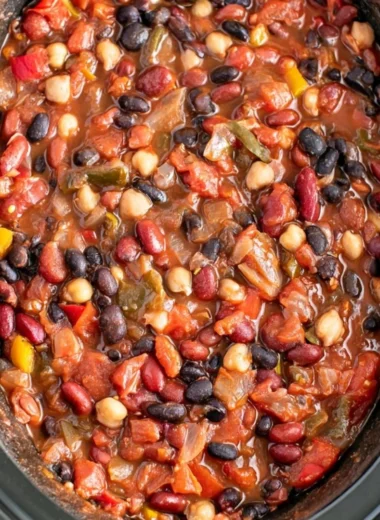 Bowl of cozy slow cooker vegetarian chili with beans and spices