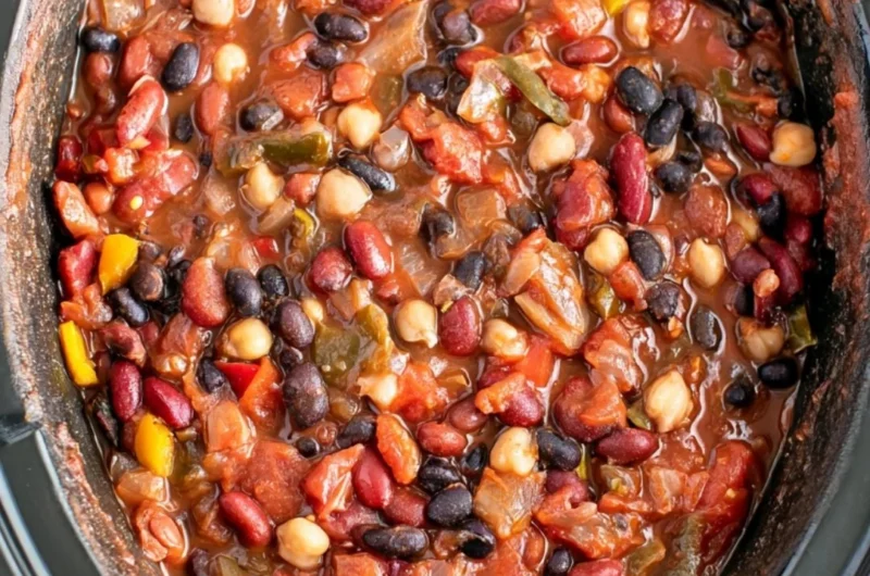 Bowl of cozy slow cooker vegetarian chili with beans and spices