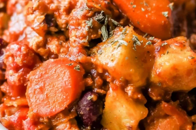 Bowl of cozy Turkey Apple Chili topped with fresh herbs and spices
