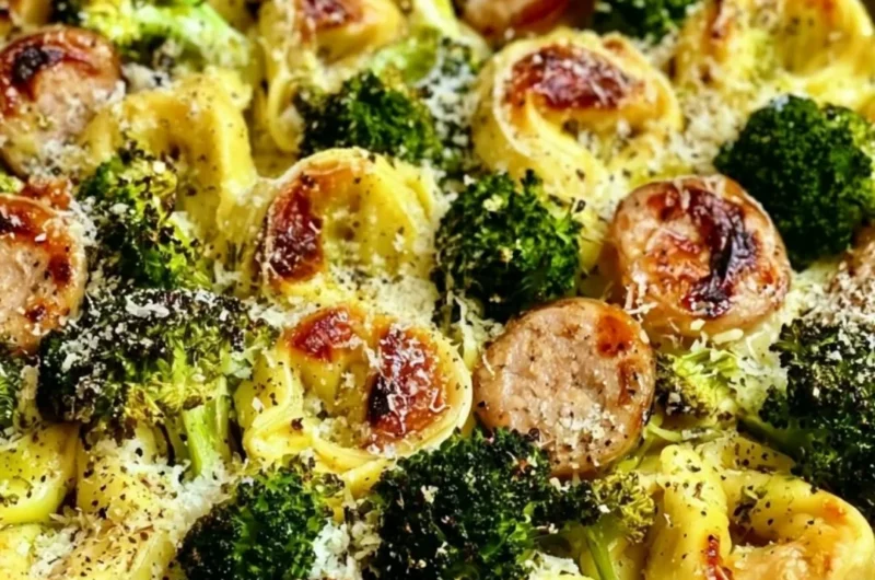 Sheet pan broccoli tortellini bake with cheese and veggies fresh from the oven