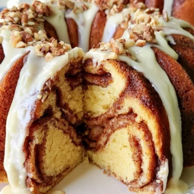 Delicious Easy Cinnamon Roll Bundt Cake topped with icing
