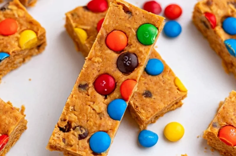 No-Bake Monster Cookie Protein Bars with oats, chocolate chips, and peanut butter