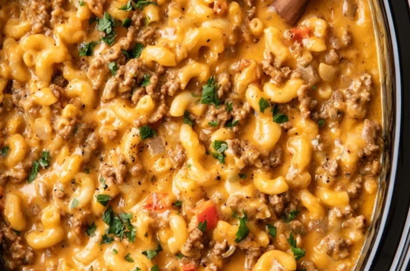Slow cooker hamburger helper in a bowl with vegetables and cheese