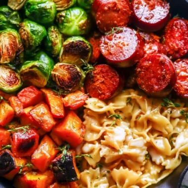 Autumn Dinner dish with sausage, pasta, Brussels sprouts, and butternut squash