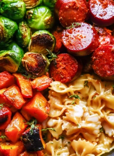 Autumn Dinner dish with sausage, pasta, Brussels sprouts, and butternut squash