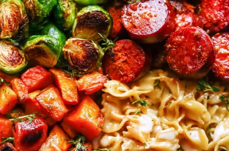 Autumn Dinner dish with sausage, pasta, Brussels sprouts, and butternut squash