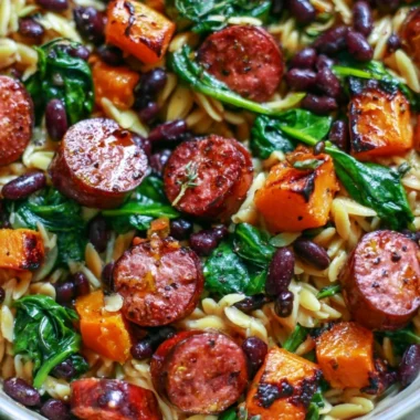 Butternut squash orzo dish with black beans, sausage, and spinach