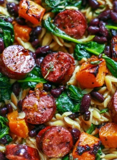 Butternut squash orzo dish with black beans, sausage, and spinach