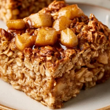 A warm dish of apple and cinnamon baked oatmeal, topped with fresh apples.