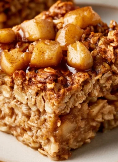 A warm dish of apple and cinnamon baked oatmeal, topped with fresh apples.