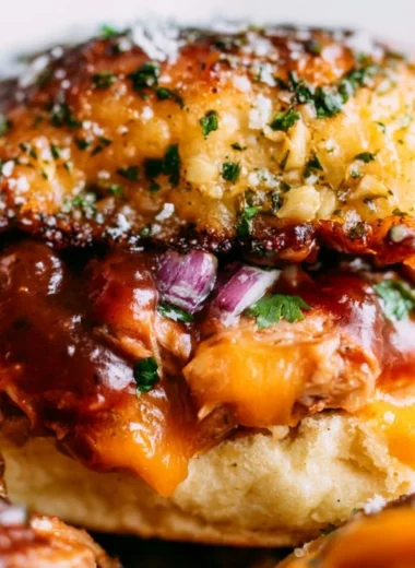Cozy BBQ chicken sliders served on a platter with slaw and sauce