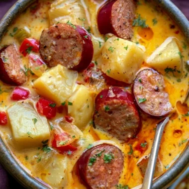 Bowl of cozy Cajun Potato Soup with Andouille sausage, potatoes, and spices.