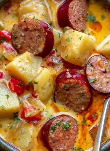 Bowl of cozy Cajun Potato Soup with Andouille sausage, potatoes, and spices.