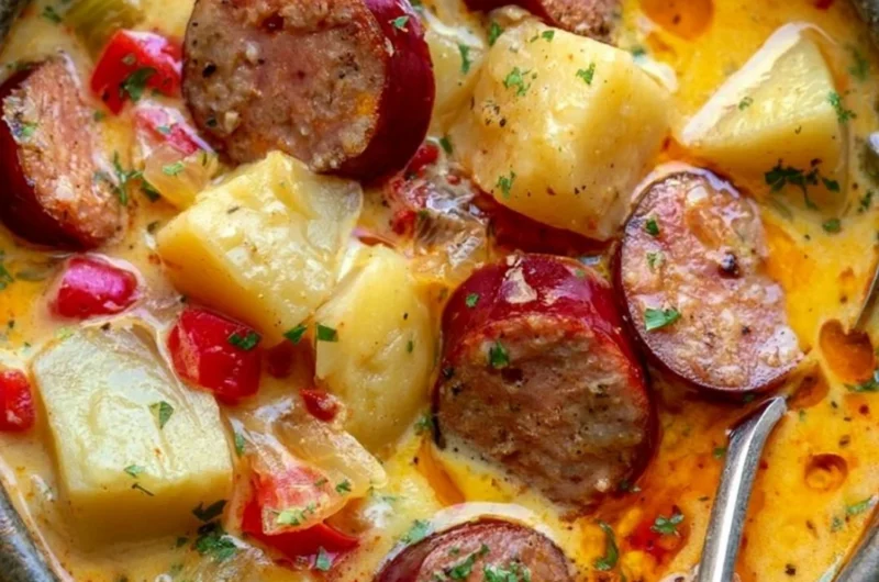 Bowl of cozy Cajun Potato Soup with Andouille sausage, potatoes, and spices.