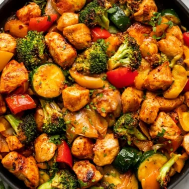 Cozy chicken skillet with vegetables in a cast iron pan