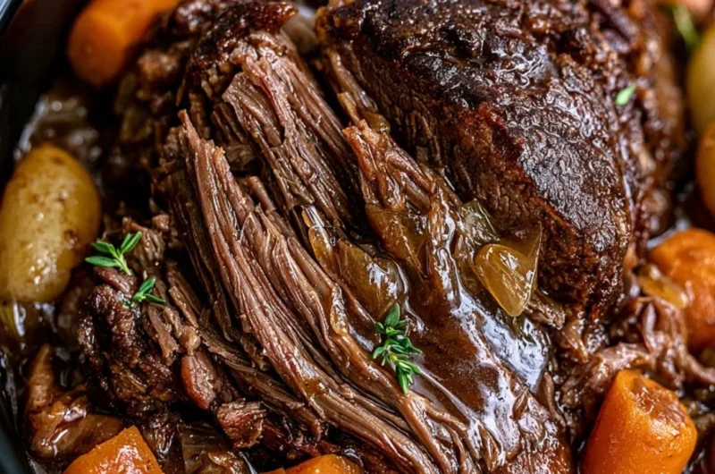 Cozy Crockpot pot roast served with vegetables and gravy.