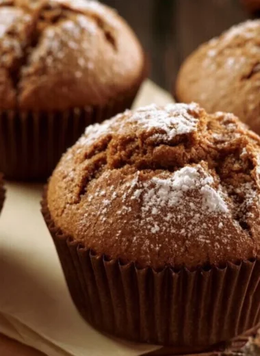 Freshly baked cozy gingerbread muffins topped with spices and a sprinkle of sugar.