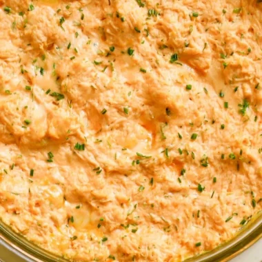 Healthy Buffalo Chicken Dip made with Greek yogurt instead of cream cheese.