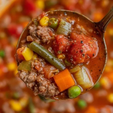 Bowl of cozy hamburger soup garnished with fresh herbs and vegetables