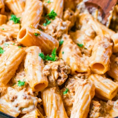 Delicious homemade cheeseburger pasta in a cozy serving bowl.