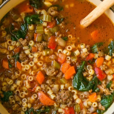 Cozy bowl of Italian sausage soup garnished with herbs for weeknight meals.