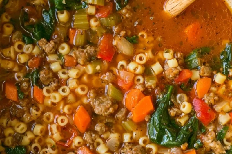 Cozy bowl of Italian sausage soup garnished with herbs for weeknight meals.
