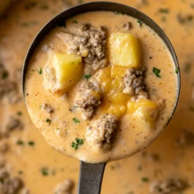 Bowl of creamy cheesy beef and potato soup garnished with herbs