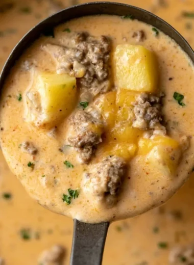 Bowl of creamy cheesy beef and potato soup garnished with herbs