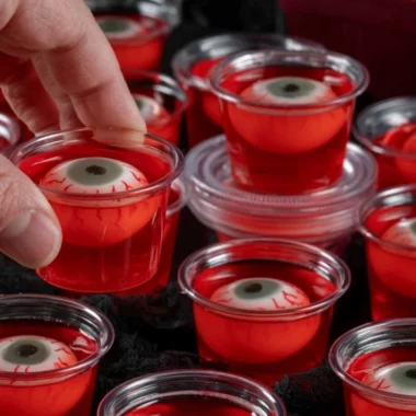 Creepy eyeball jello shots in a Halloween-themed setting