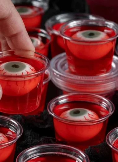Creepy eyeball jello shots in a Halloween-themed setting