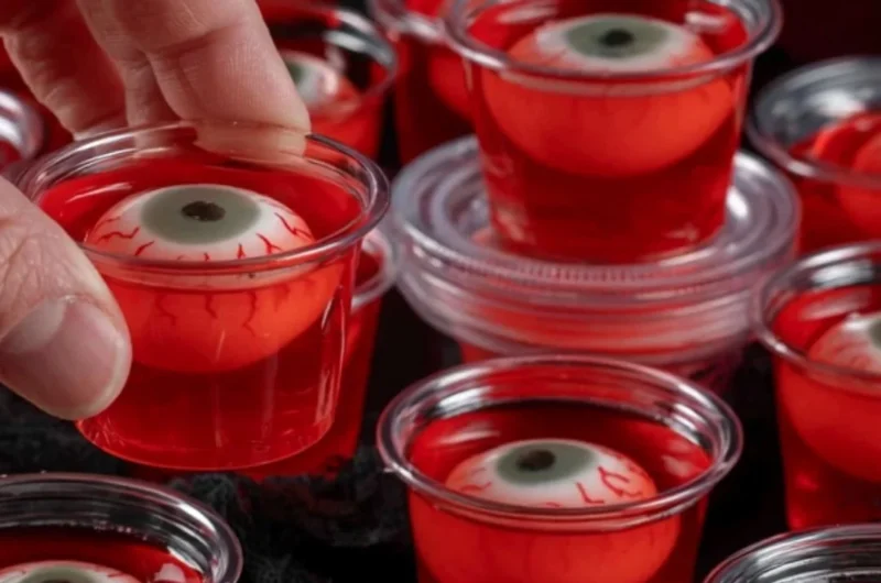 Creepy eyeball jello shots in a Halloween-themed setting