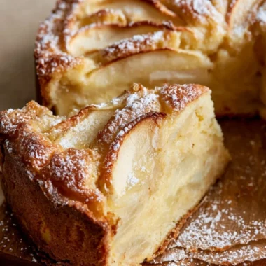 Golden and cozy French Apple Cake topped with fresh apples and a dusting of powdered sugar