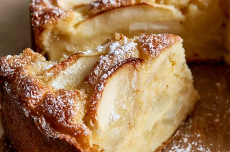 Golden and cozy French Apple Cake topped with fresh apples and a dusting of powdered sugar